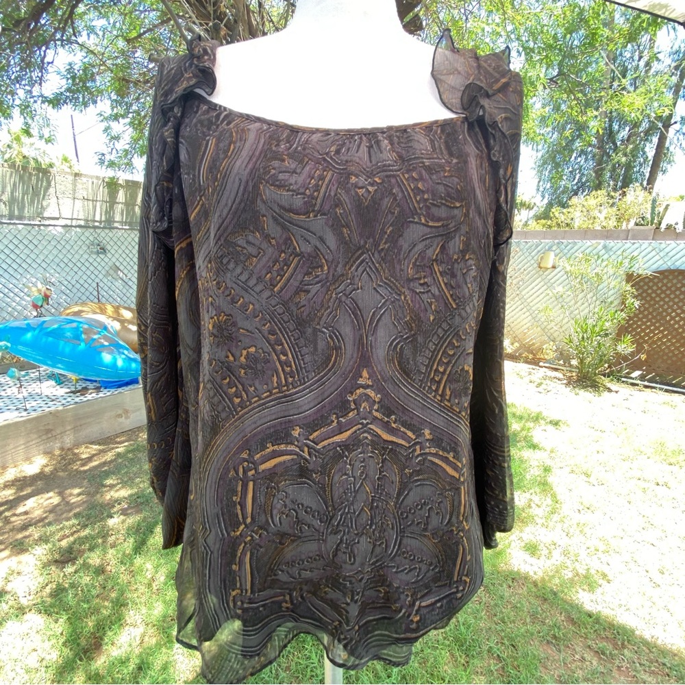Nanette Lepore Silk Blouse Black Gold Long Sleeve missing size tag